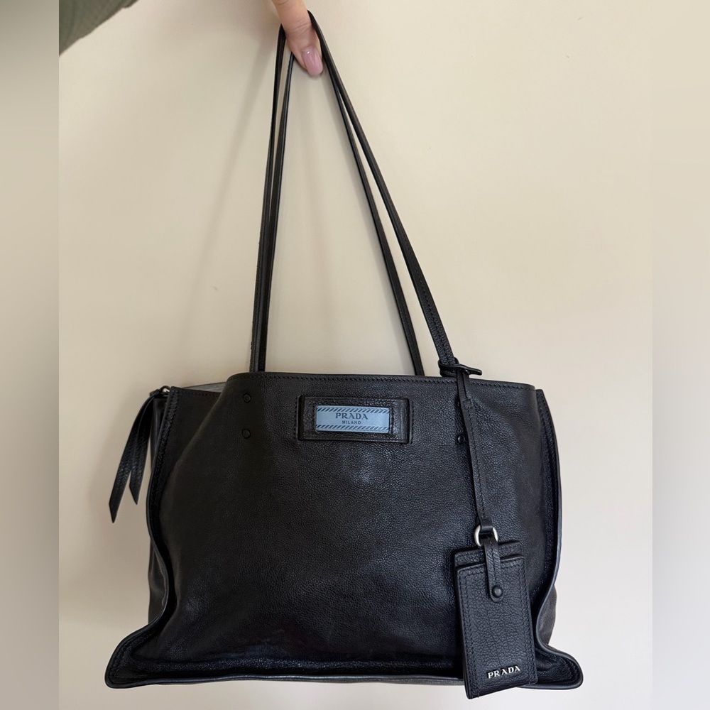 Prada Black Glace Calf leather Etiquette Tote w blue logo patch Purse
